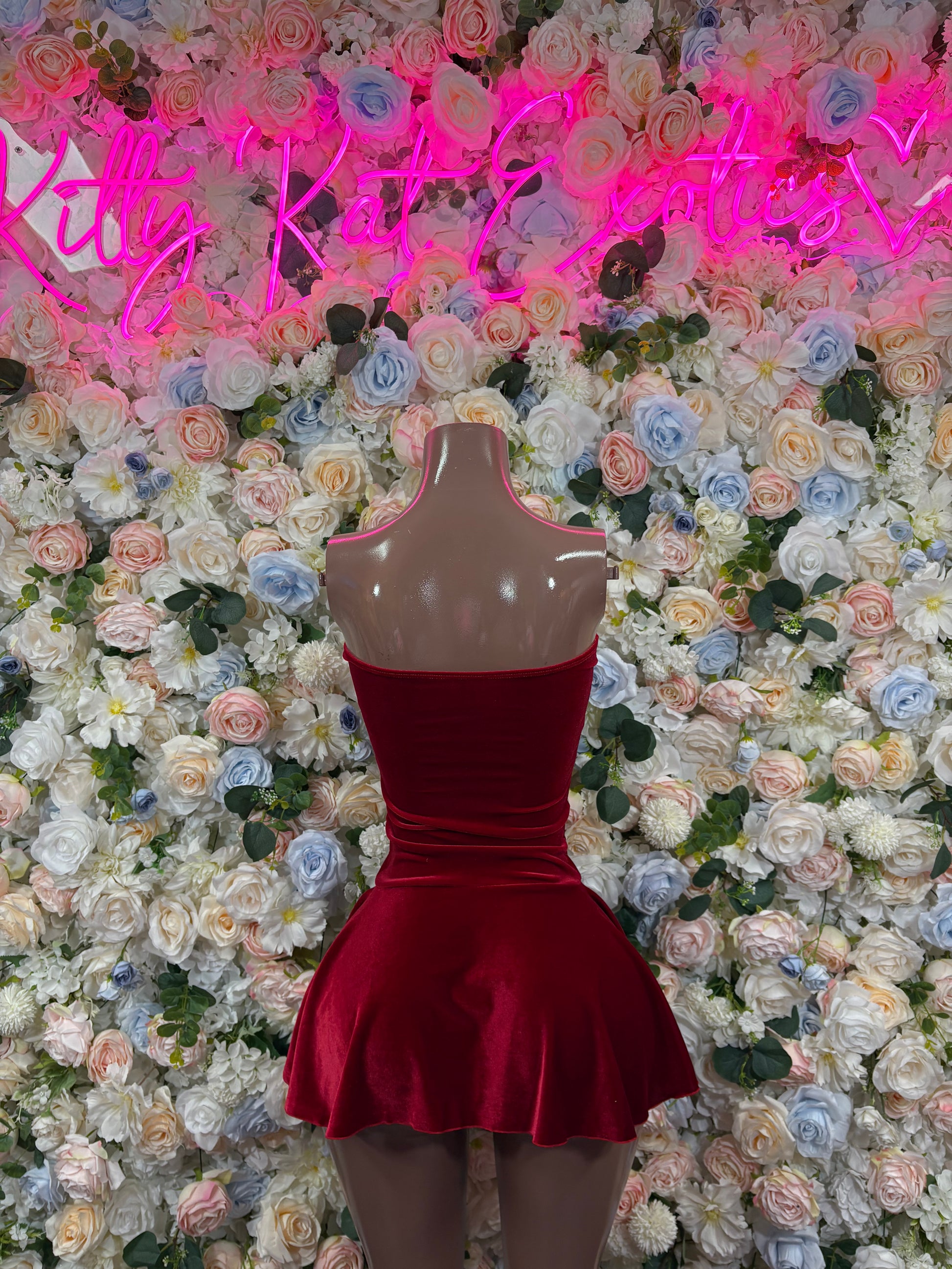 Red velvet one-piece dance dress with V neckline and flared skirt detail