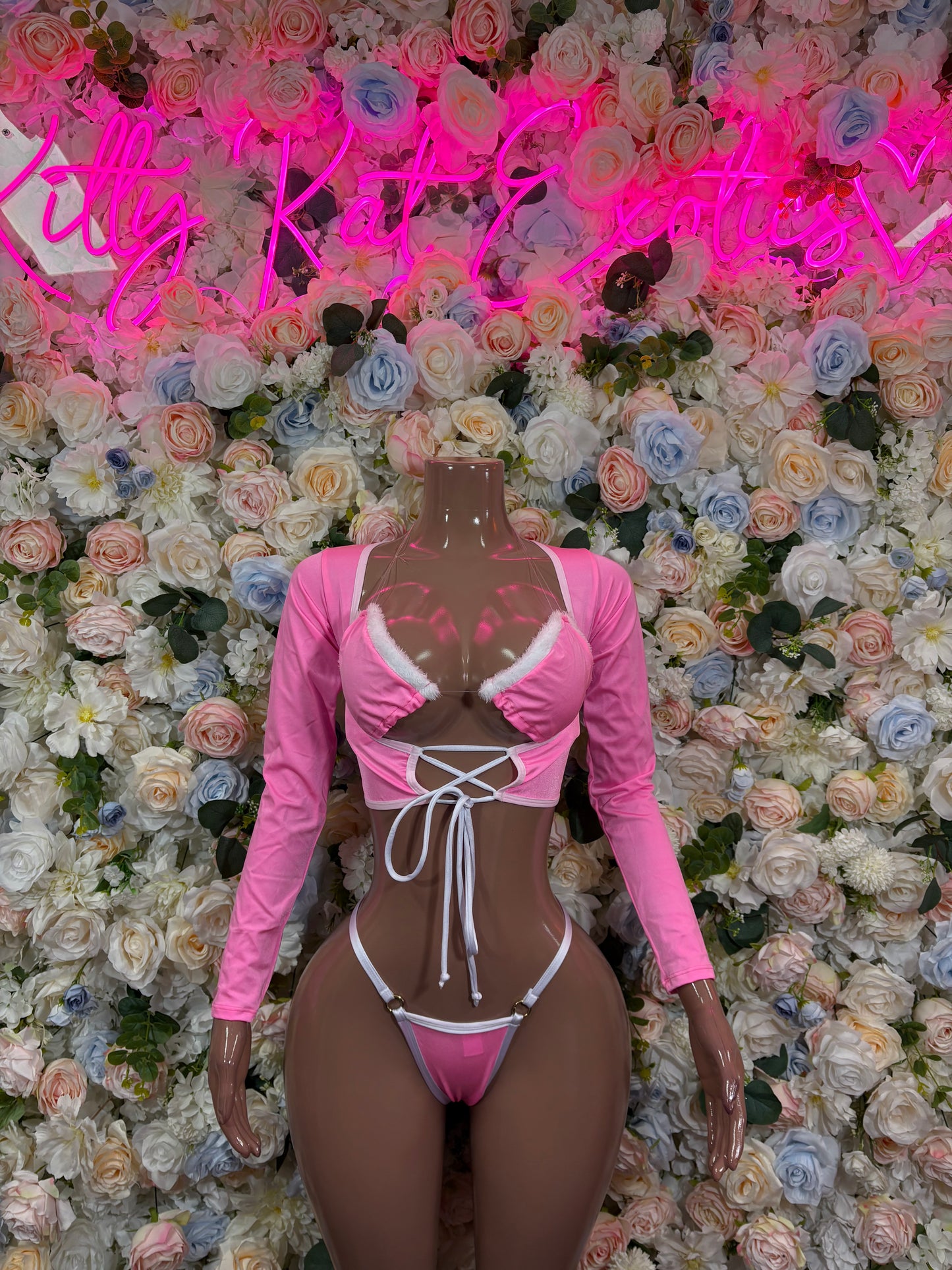 Christmas Pink Santa Holiday Outfit Two Piece Pink Santa Exotic Dancewear Costume Holiday Outfit