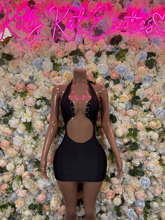 Black mini bodycon dress with halter neck and front cutout