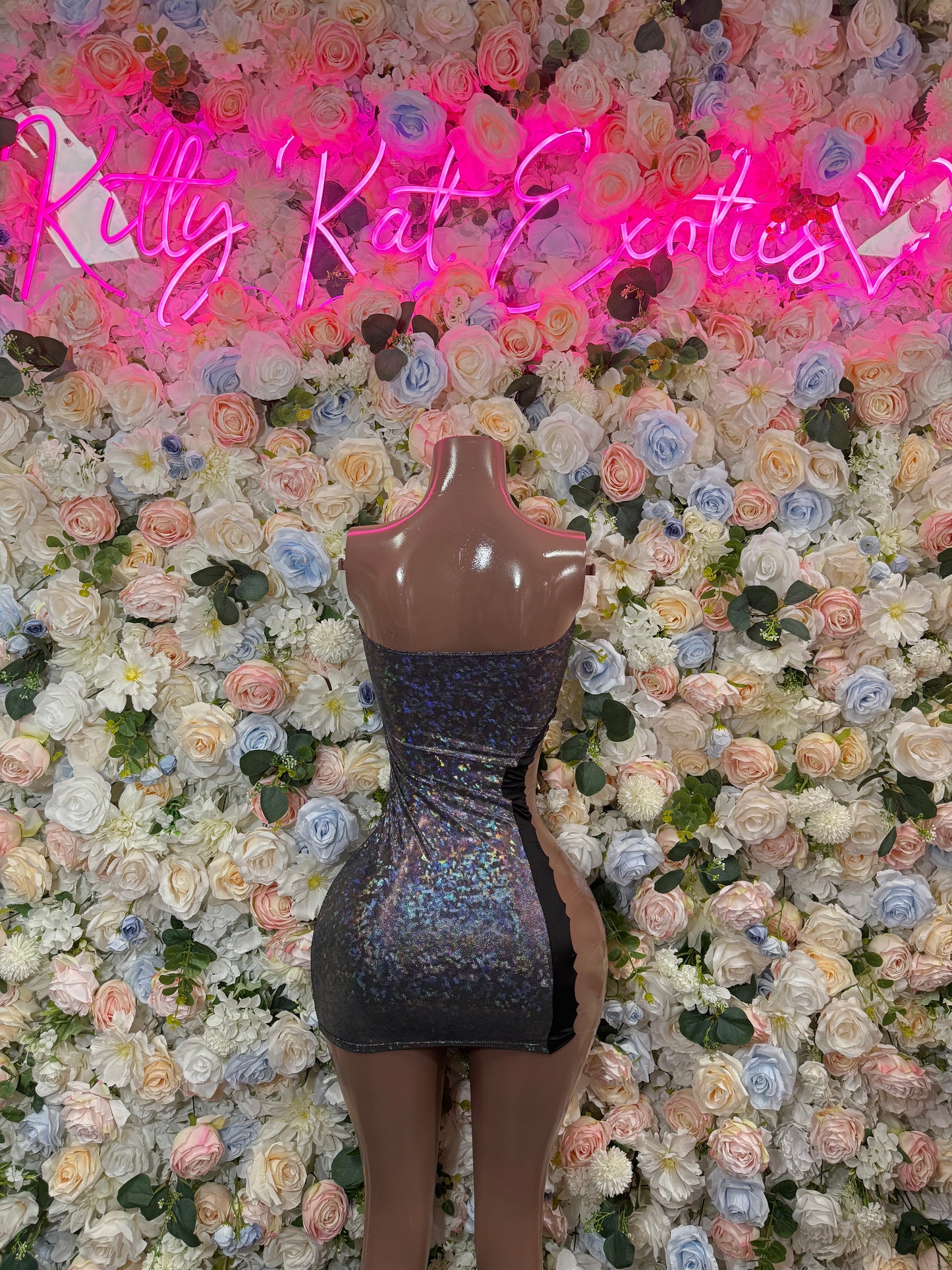 Iridescent metallic hologram mini dress, backless strapless fit