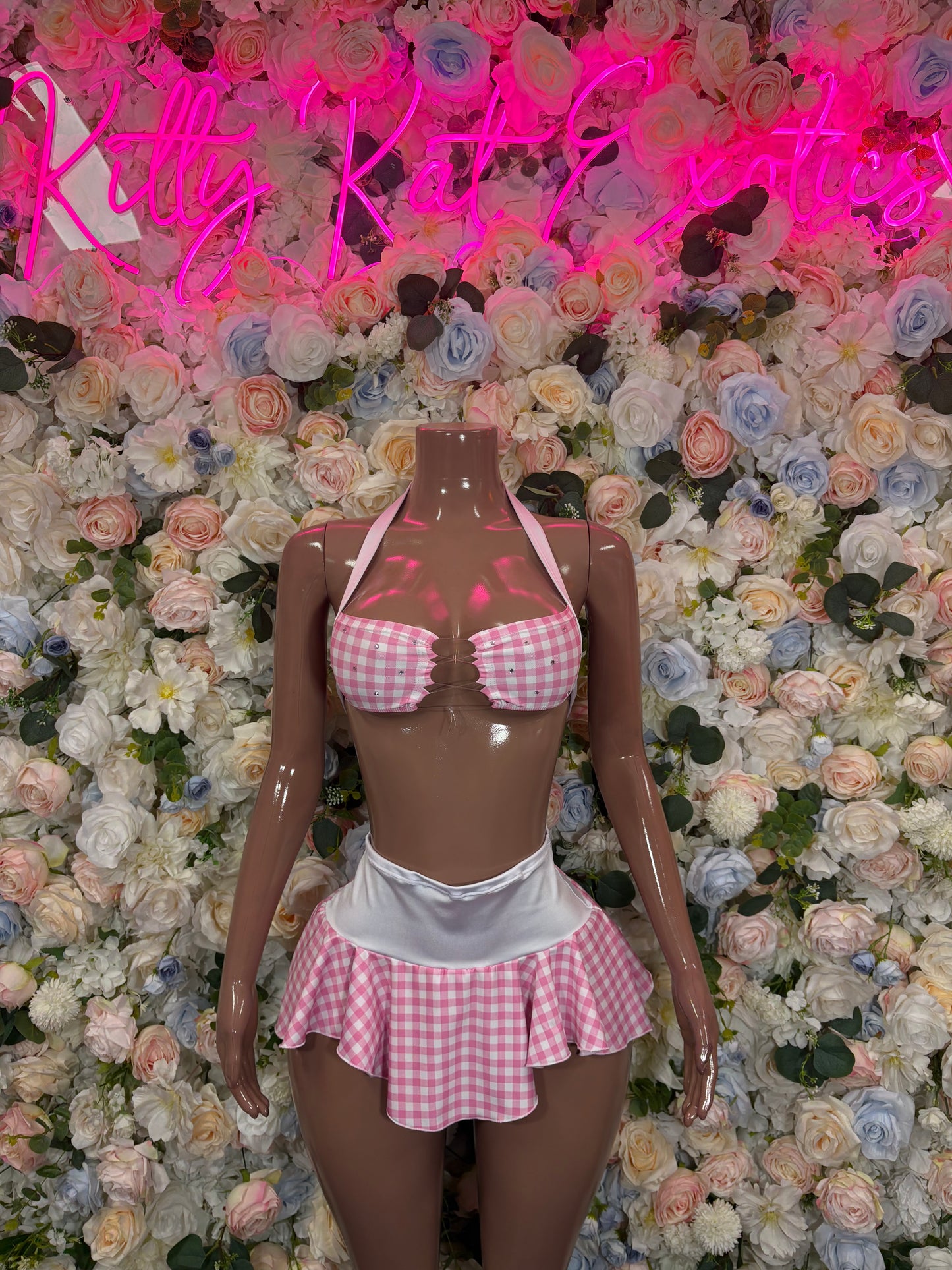 Exotic Dancewear Two Piece Pink White Schoolgirl Skirt Set Festival Wear Exotic Dancewear