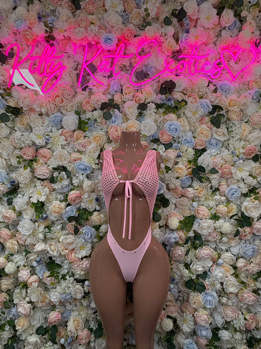 Pink mesh dot bodysuit with high-cut legs and back keyhole