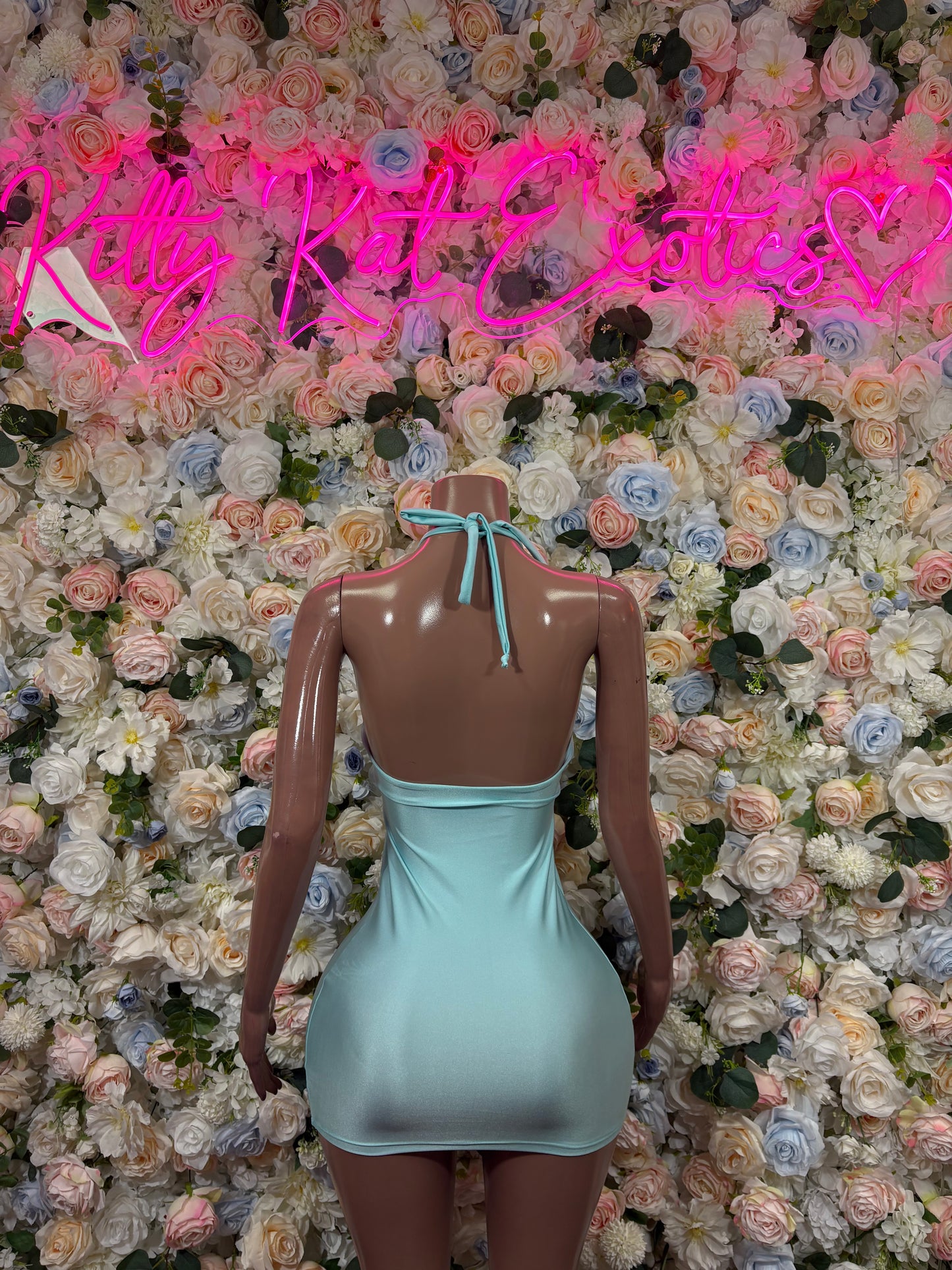 Teal halter dance dress, open back with tie straps and gathered shoulder detail