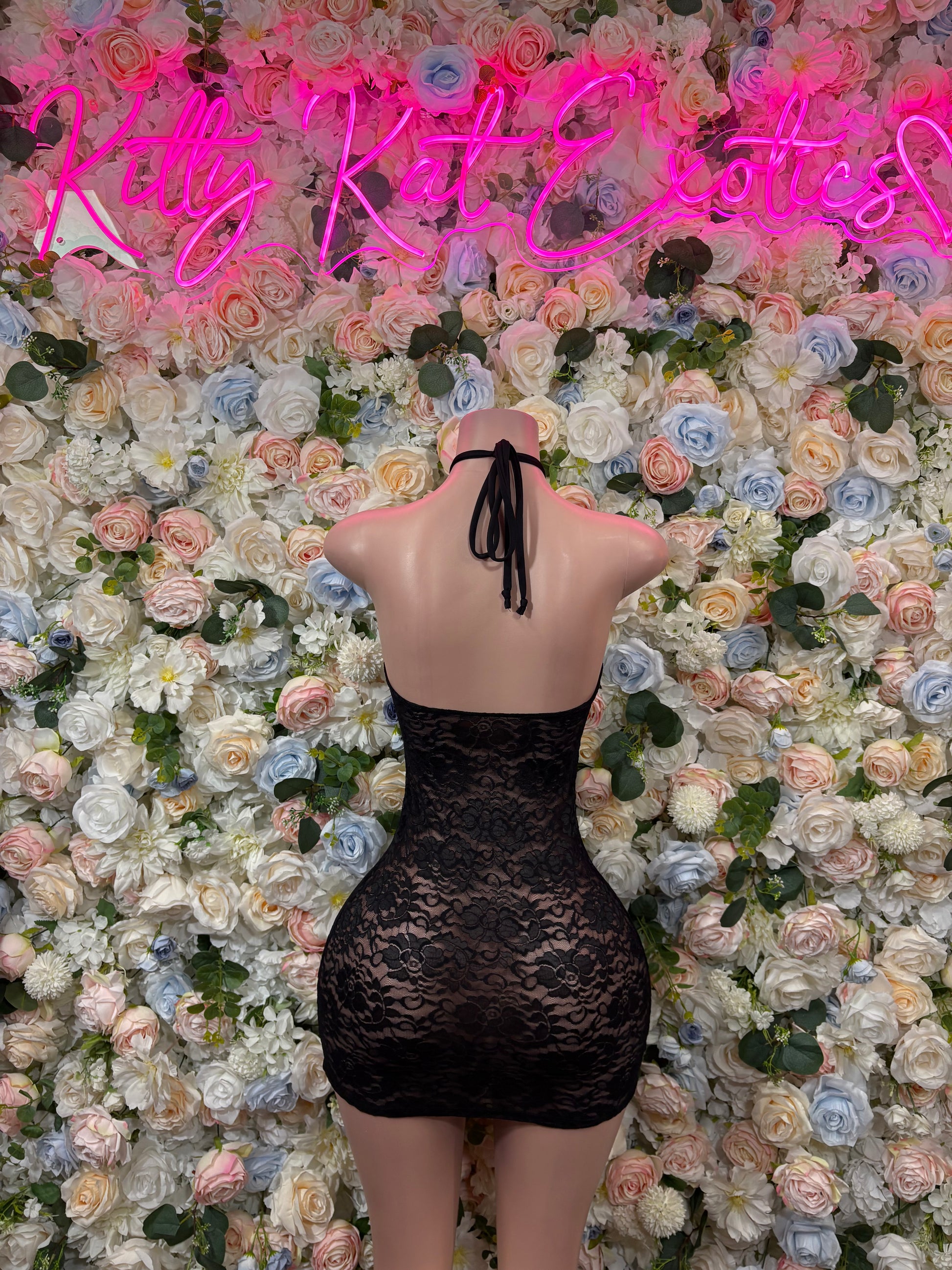 Black lace bodysuit mini dress, open back with tie straps