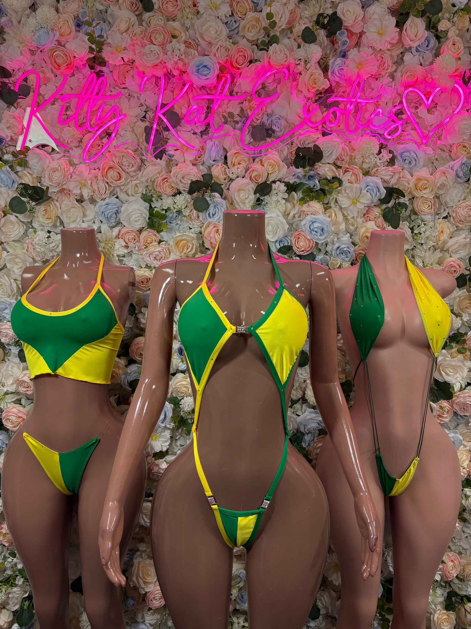Brazilian flag slingshot one-piece swimsuit, green and yellow panels on three angles