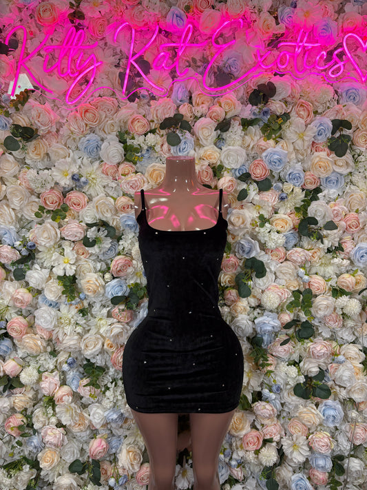 Black rhinestone mini bodycon dress, sleeveless fitted silhouette with rhinestone bust detail