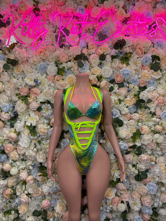 Neon green tropical print bodysuit with strappy cutout front and thin straps