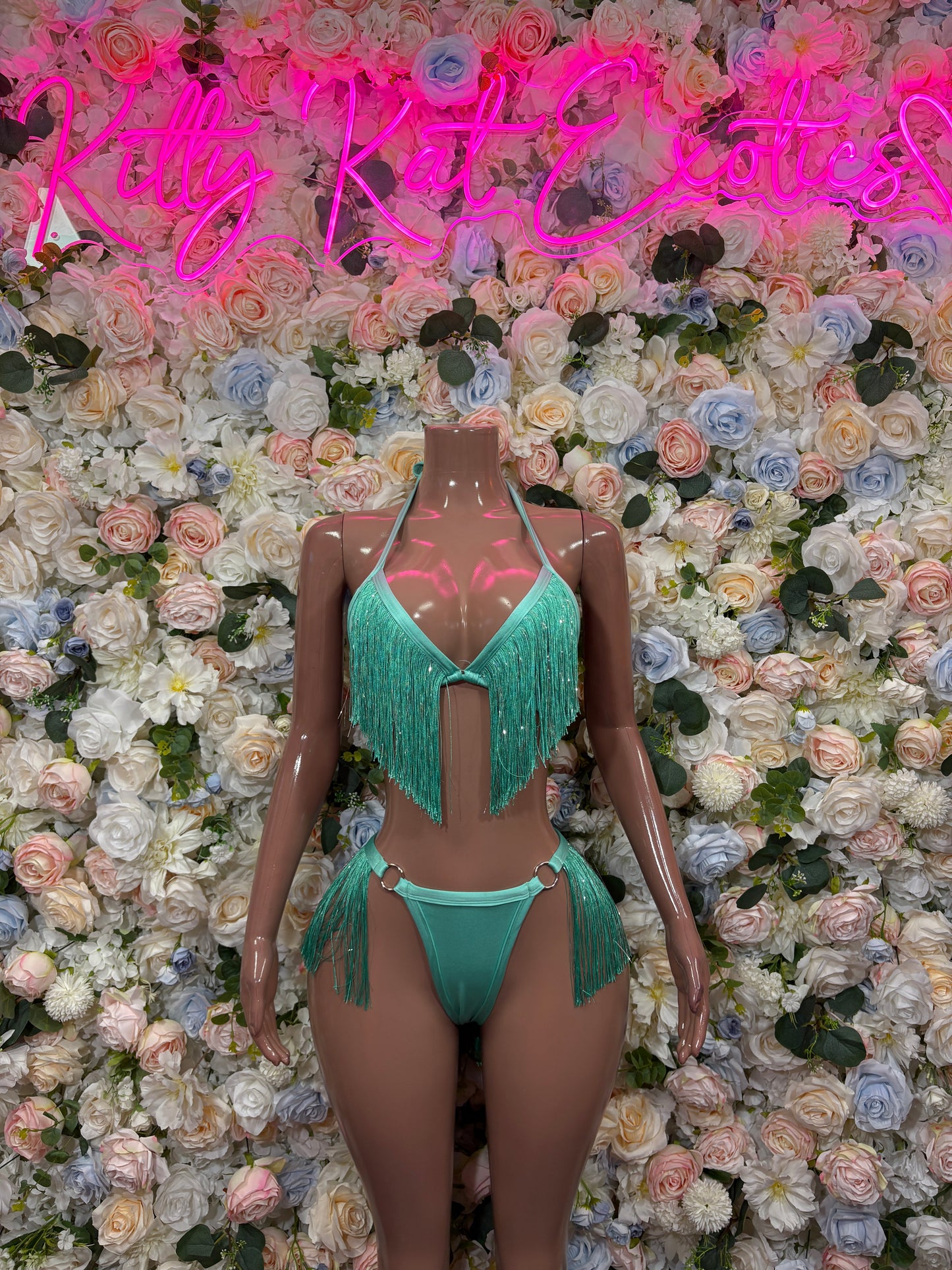 Teal One-Piece Fringe Bartender Outfit– Exotic Dance & Rave Wear Festival Bodysuit