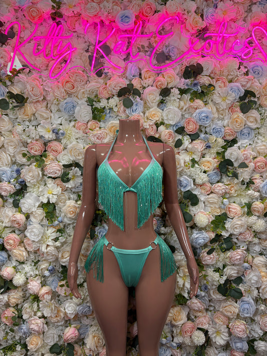 Teal fringe bikini set with V-neck bra top and matching high-cut bottoms