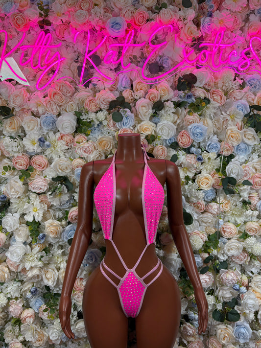 Exotic Dancewear Pink Rhinestone One Piece set – Rave outfit, rave wear costume, pole dance lingerie, festival bikini