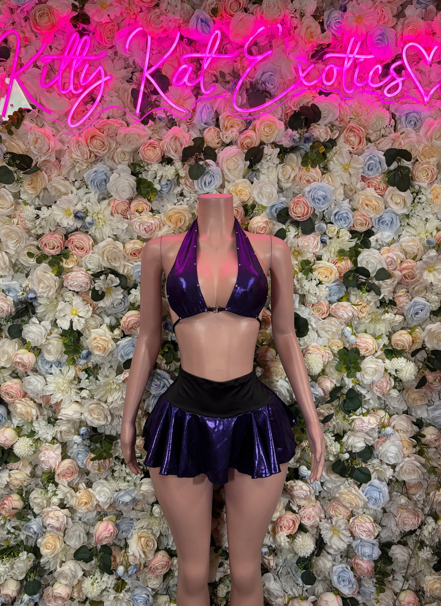 Dark Purple Metallic Two-Piece Rave Outfit Exotic Dancewear Festival