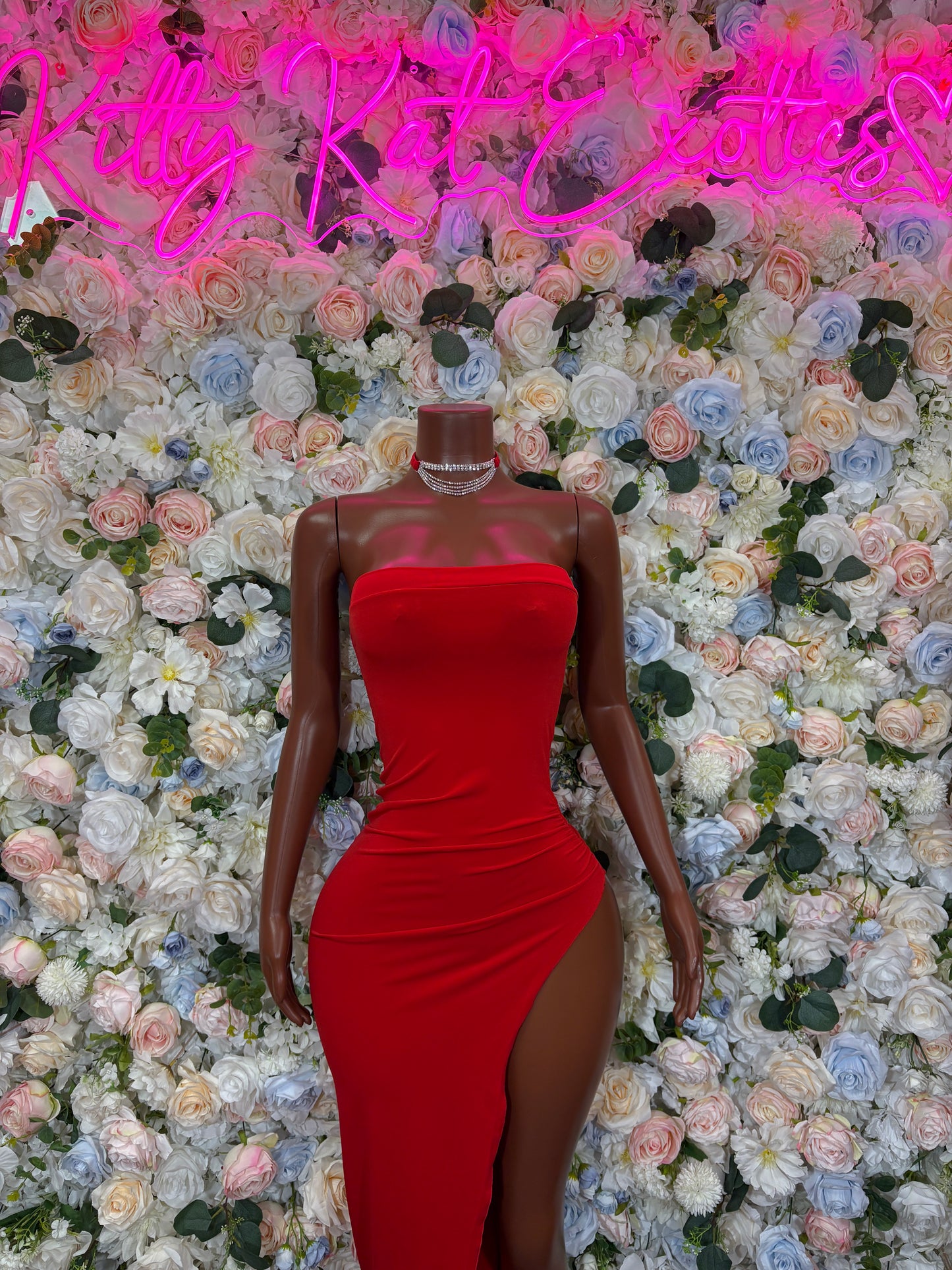 Red strapless fitted dance dress with side slit