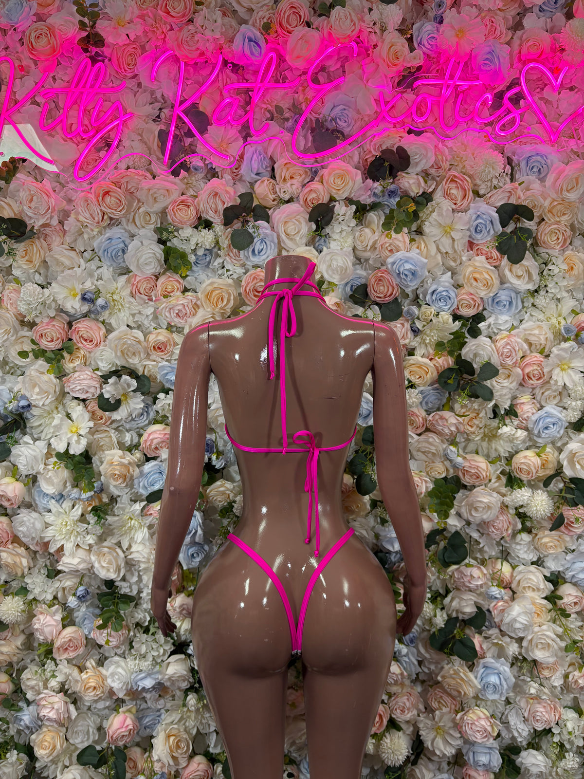 Pink tie-back high-cut bodysuit, backless strappy style