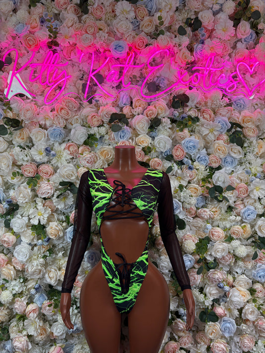 Bottlegirl One-Piece Bodysuit Green and Yellow  Lightening - Custom Design | Exotic Dancewear for Performers, Raves, & Nights Out