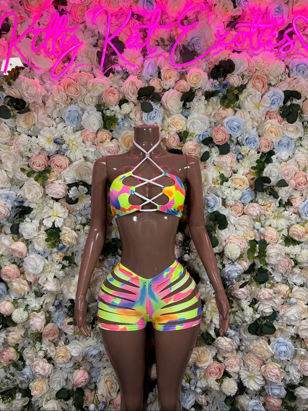 Neon Rainbow Bikini Set Cutout Rave Festival Outfit Sexy Two Piece Dancewear