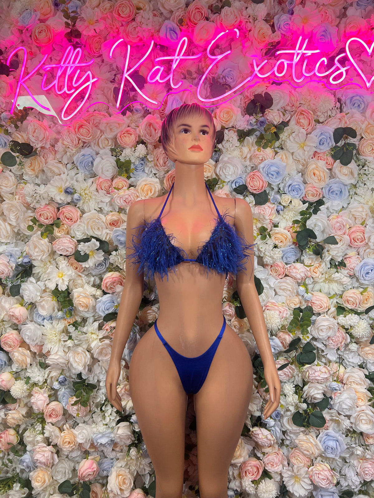 Blue Feather Fringe Two Piece  Rave Festival Exotic Dancewear Sparkly Glitter Club Outfit