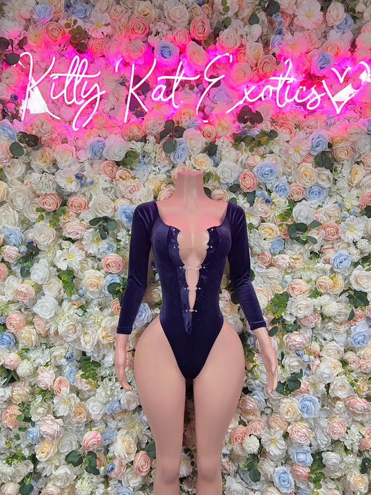 Dark blue velvet long-sleeve bodysuit with plunging V neckline and cutout front