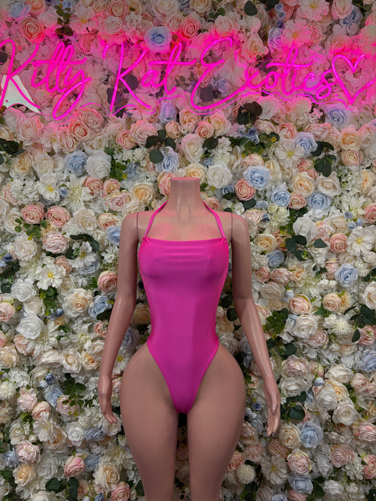 Pink one-piece bodysuit with wide straps and square neckline
