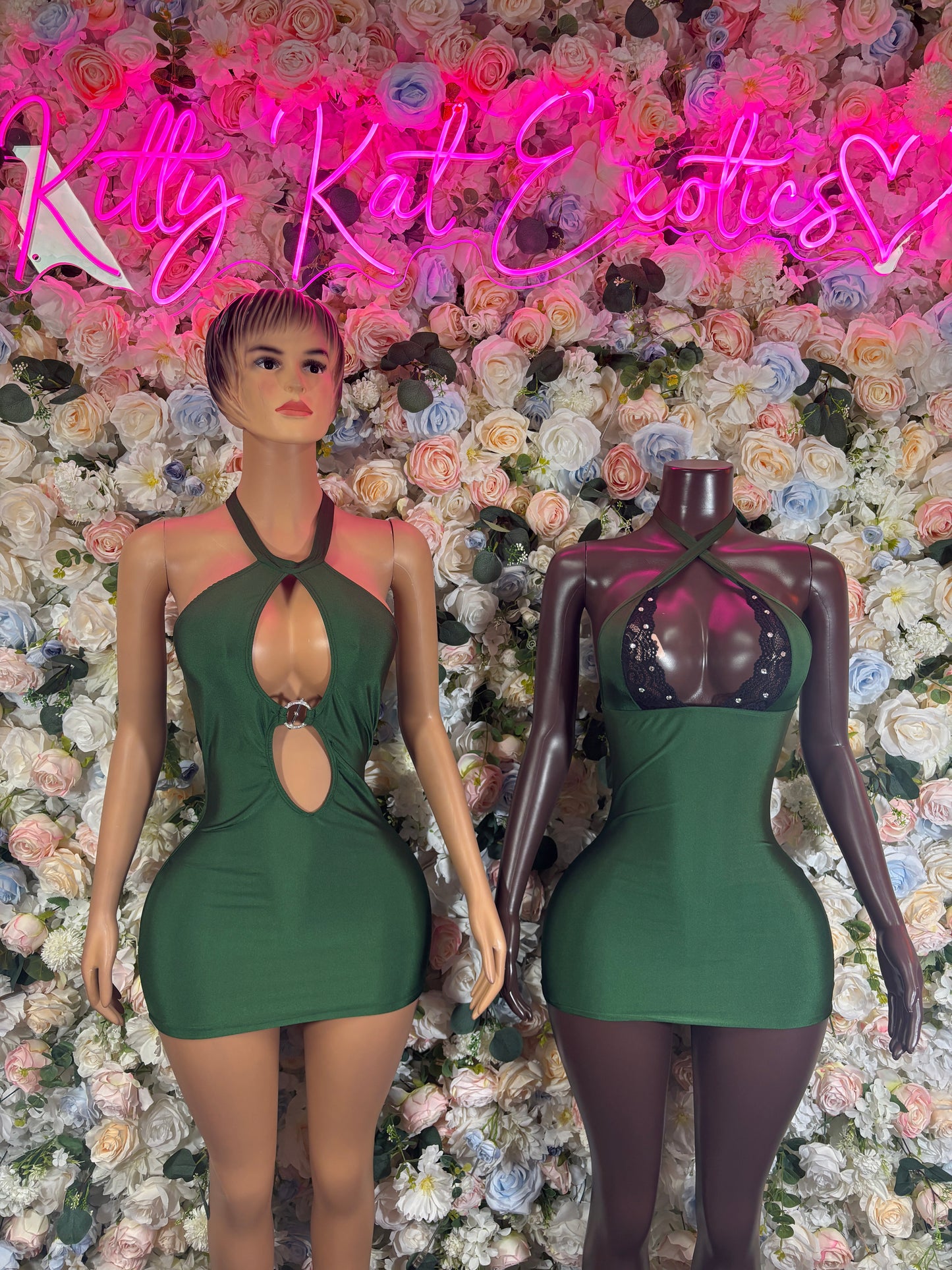 Green halter mini dress bodysuit with front keyhole cutout
