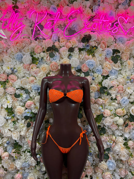 Orange mesh two-piece bikini with triangle bra and tie-side thong bottoms, front view.
