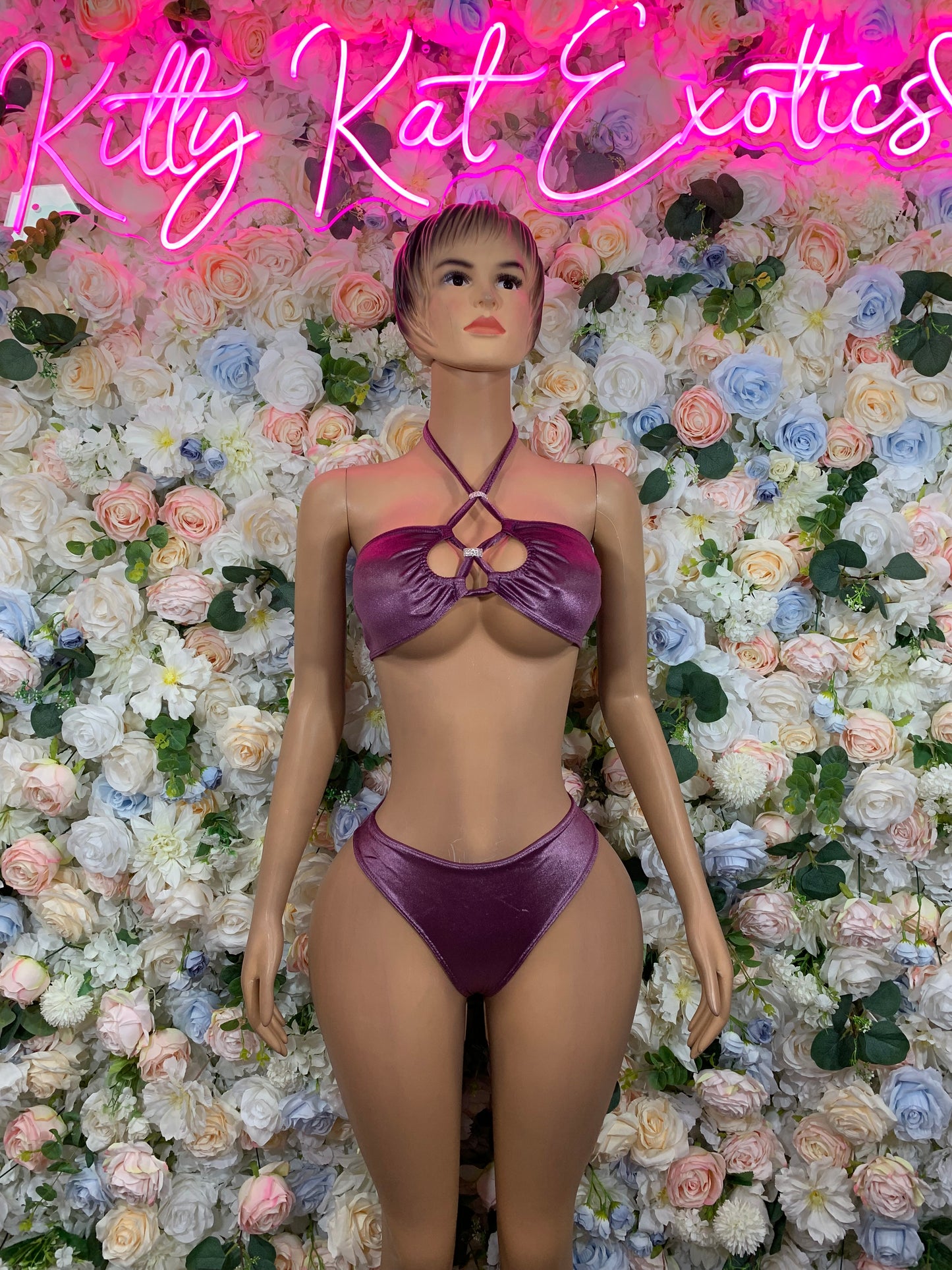 Burgundy velvet strappy bra and matching thong bottoms, front view