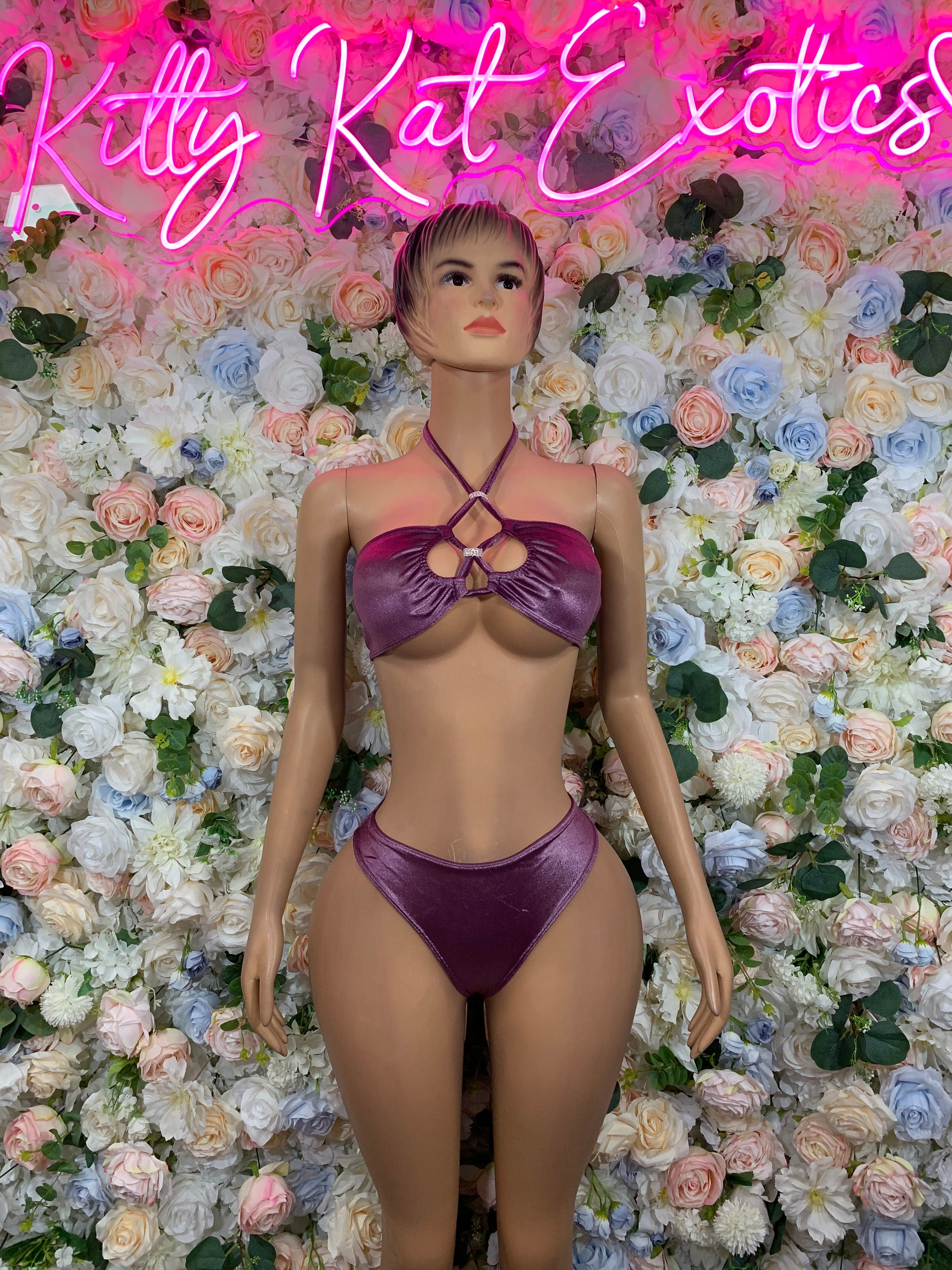 Burgundy velvet strappy bra and matching thong bottoms, front view