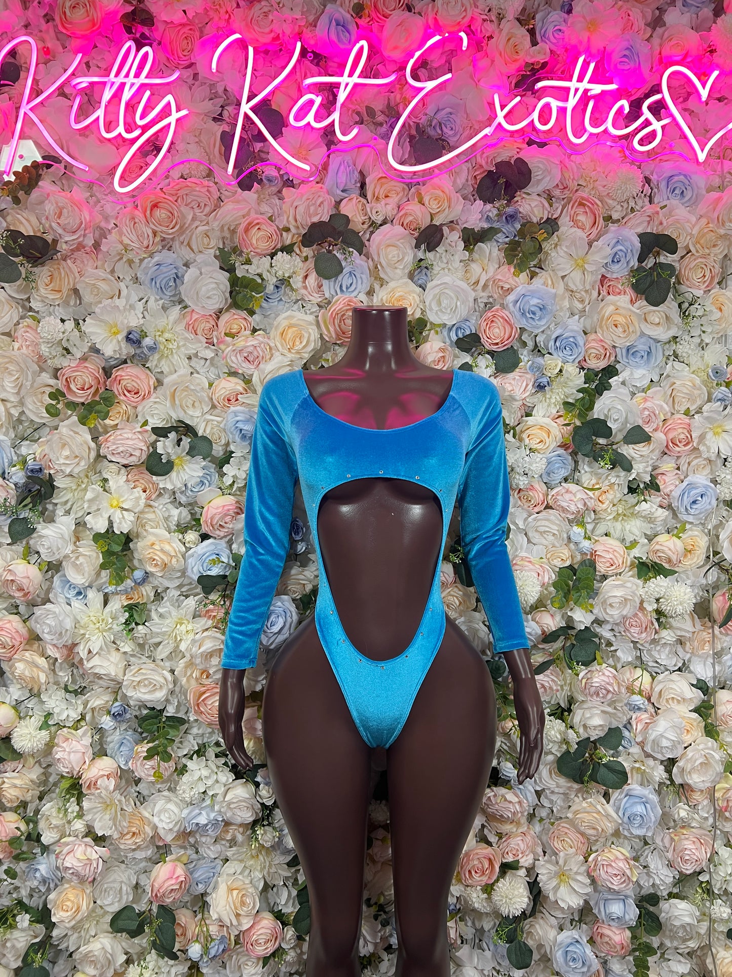 Blue Rhinestone Cutout Bodysuit Strappy High Cut Thong Rave Festival Exotic Dancewear