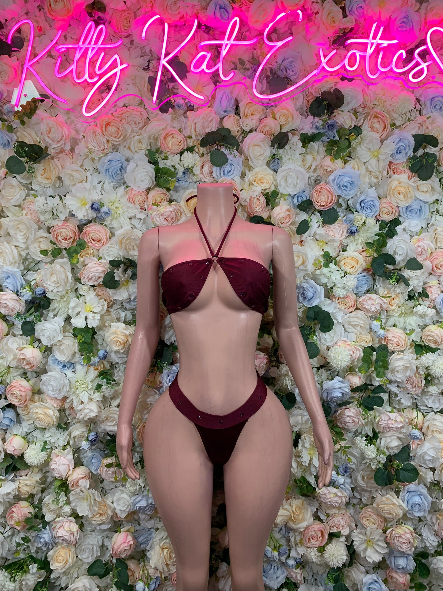 Burgundy two-piece dancewear set, front view with triangle bra and string bikini bottoms