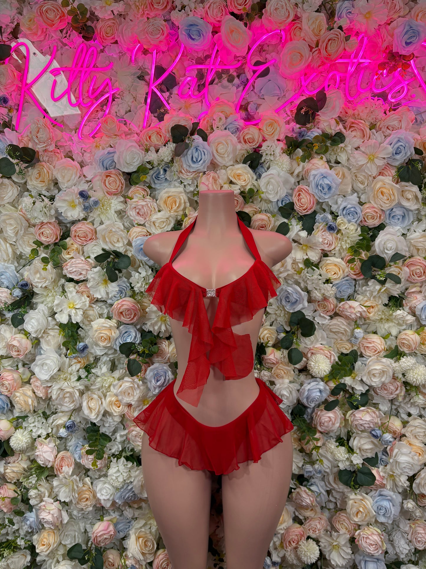 Red tiered ruffle set: halter bra, ruffle bottoms, layered mini skirt