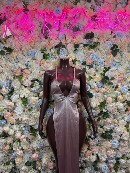 Dark mauve satin gown with V-neck, long sleeves, fitted maxi silhouette
