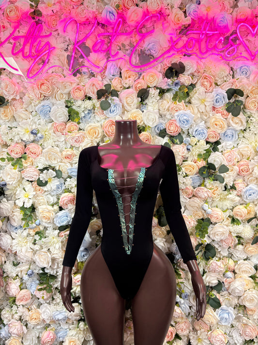 Black long-sleeve bodysuit with teal corset-style front panel and high-cut bottom