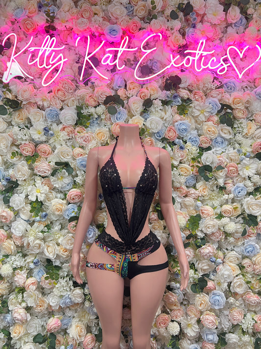 One Piece Bodysuit Black Lace Festival  Rave-wear Exotic Dancewear for Performers, Raves, & Festival Clothing