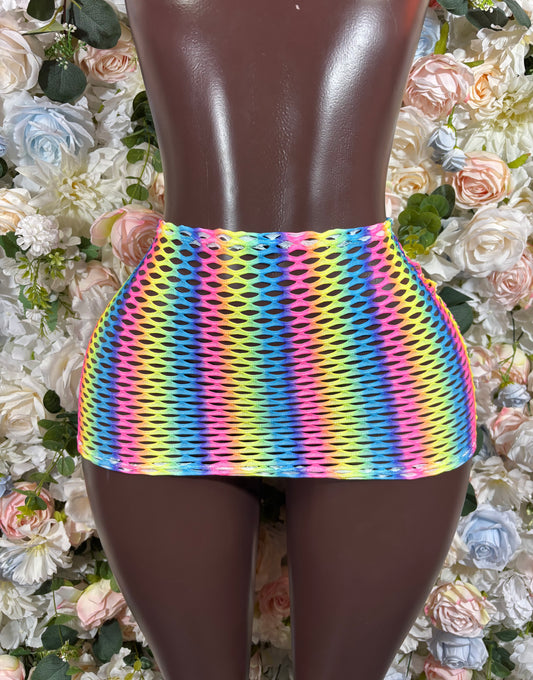 Rainbow Fishnet Mini Skirt – Rave Festival Sheer Clubwear Cover Up