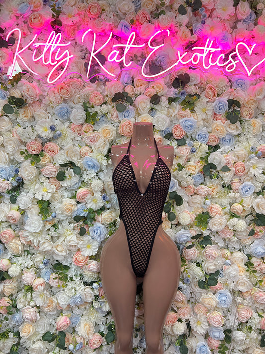 Black fishnet bodysuit with V-neck and thong coverage, front view on mannequin