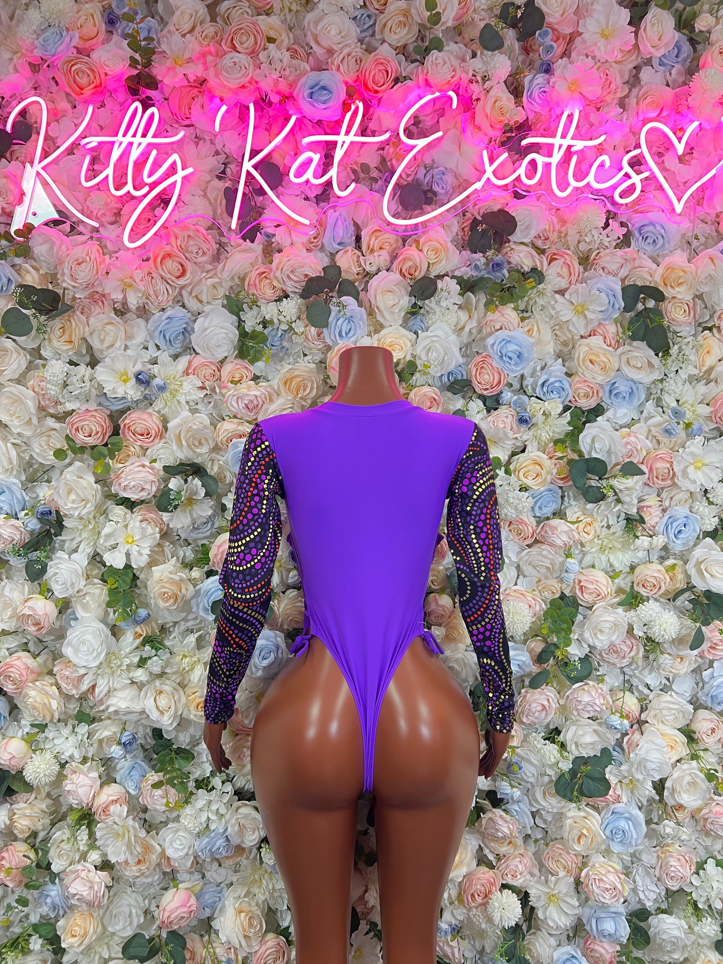 Purple lace long-sleeve bodysuit, open back V with tie straps