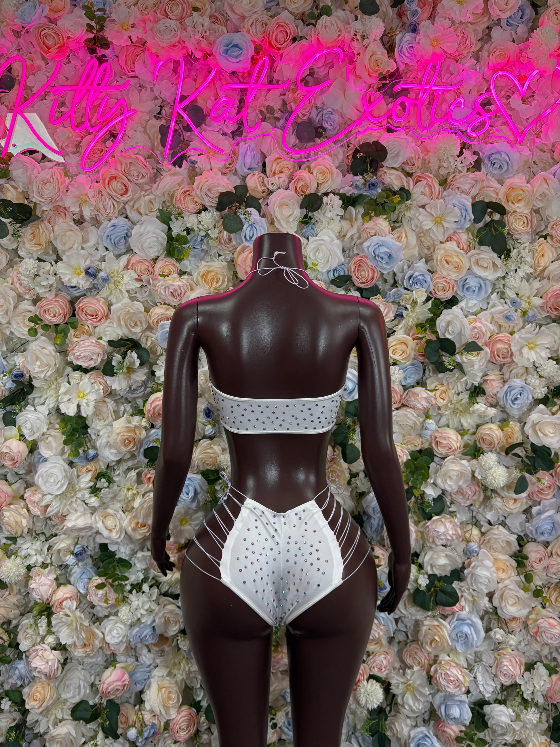 White rhinestone rave two-piece bodysuit with strappy back bra and high-cut briefs