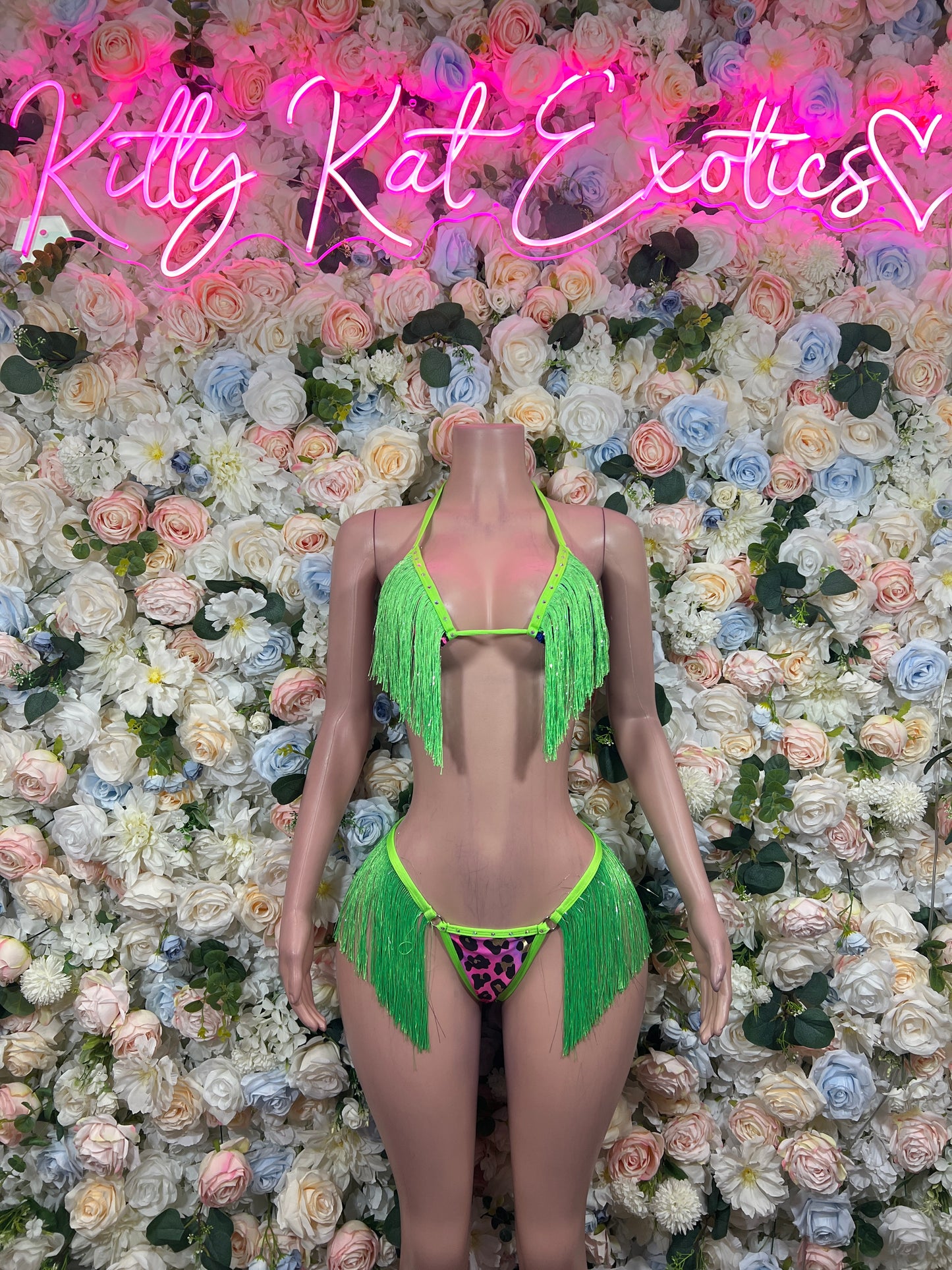 Neon Green Rainbow Leopard Print Fringe Two Piece Set | Rave Festival Exotic Dancewear