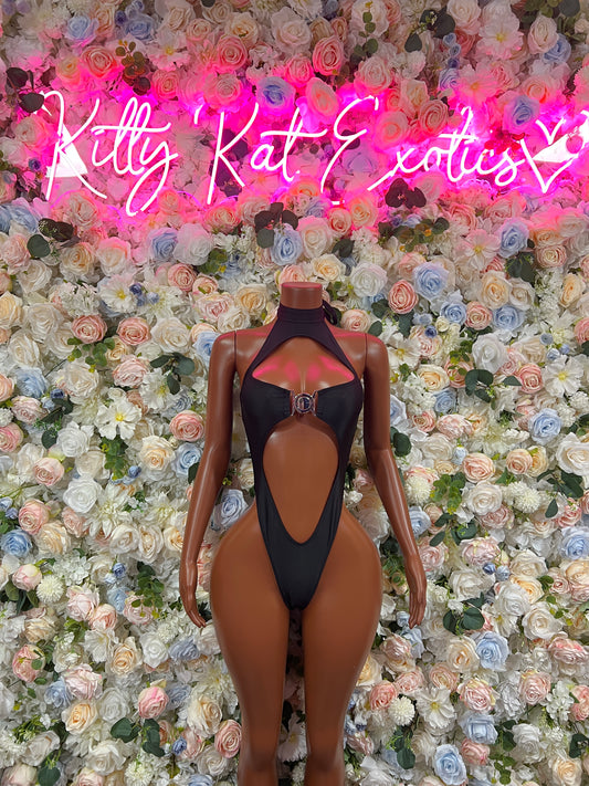 Black one-piece rave bodysuit with back cutout and halter neck front