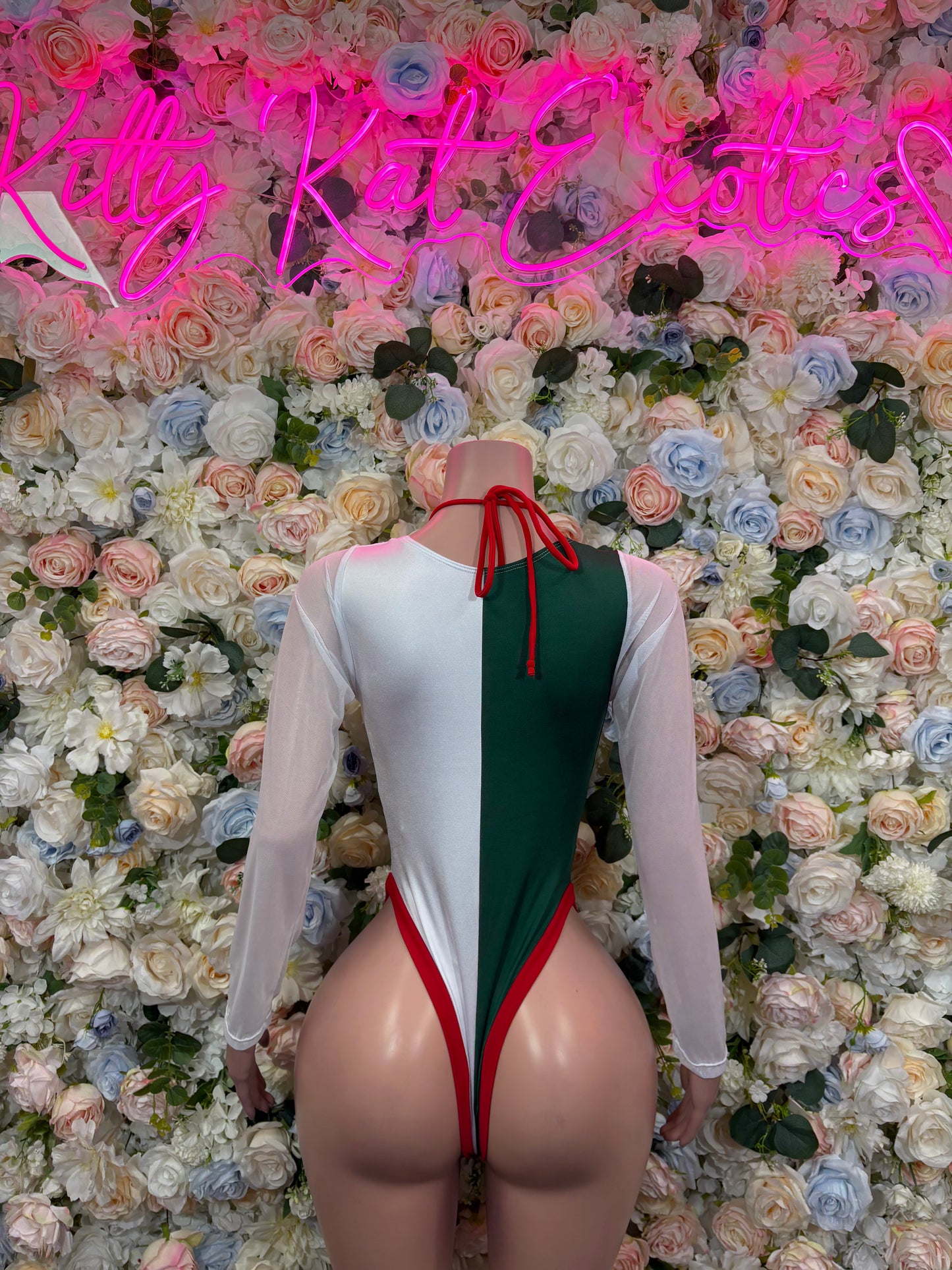 One-piece bikini bodysuit, green and white with red lace-up back, long sleeves