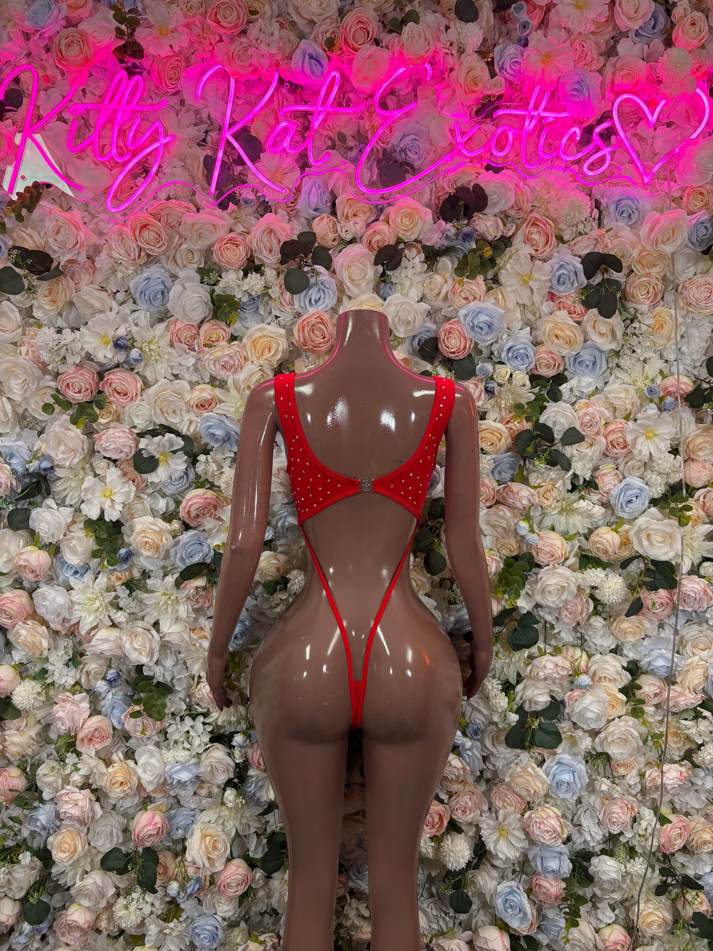 Red Rhinestone Fishnet Mesh Thong Bodysuit | Sexy High Cut Festival Rave Clubwear