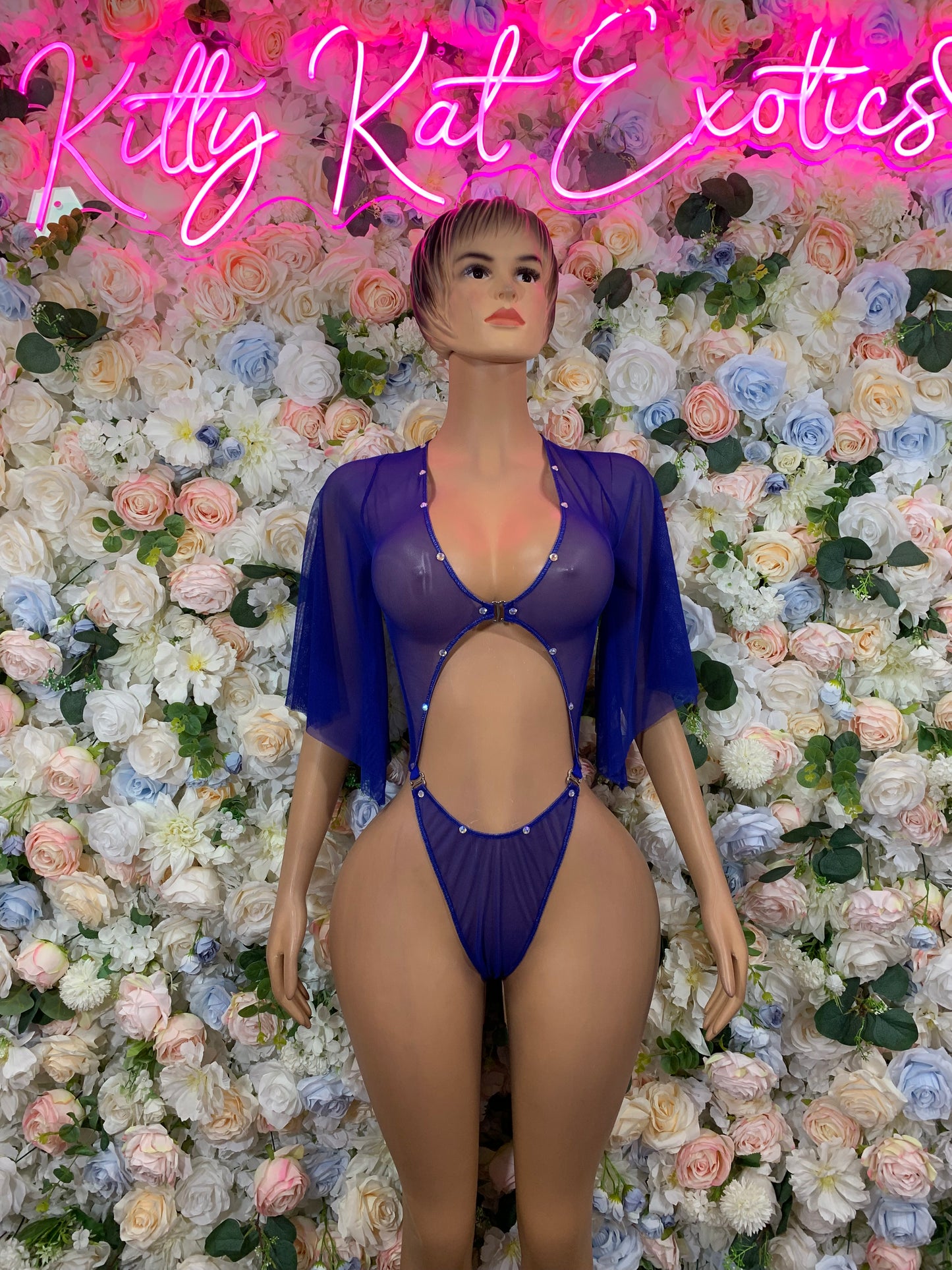 Navy blue one-piece rave bodysuit with sheer long sleeves and front cutout panels