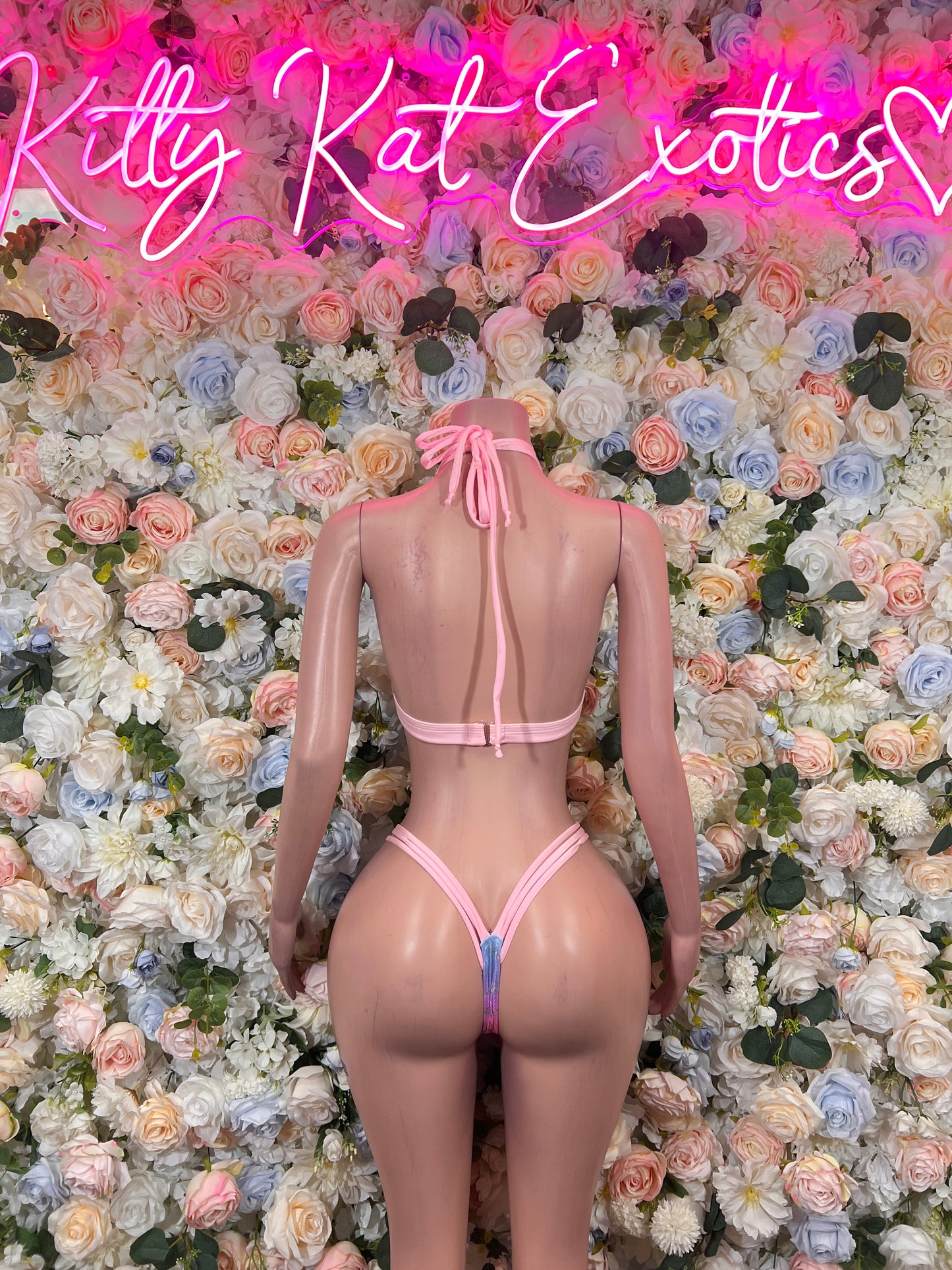 Pink-purple holographic triangle halter bikini with micro thong, back