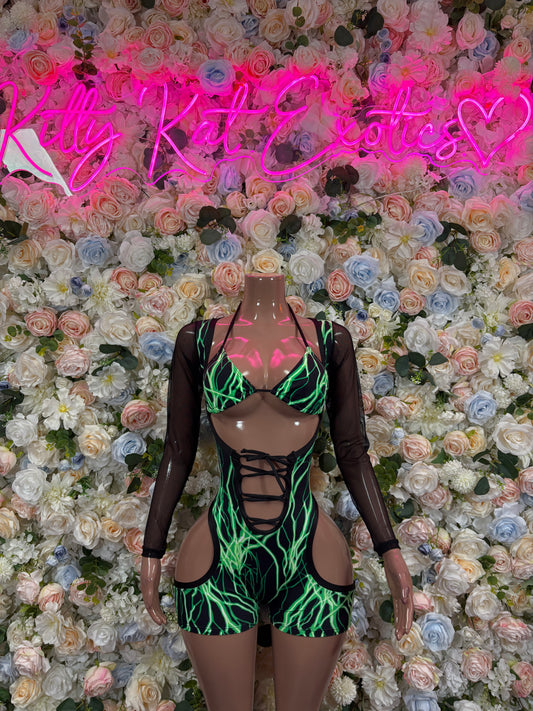 Bottlegirl One-Piece Bodysuit Green Non Mettalic  Lightening - Custom Design | Exotic Dancewear for Performers, Raves, & Nights Out