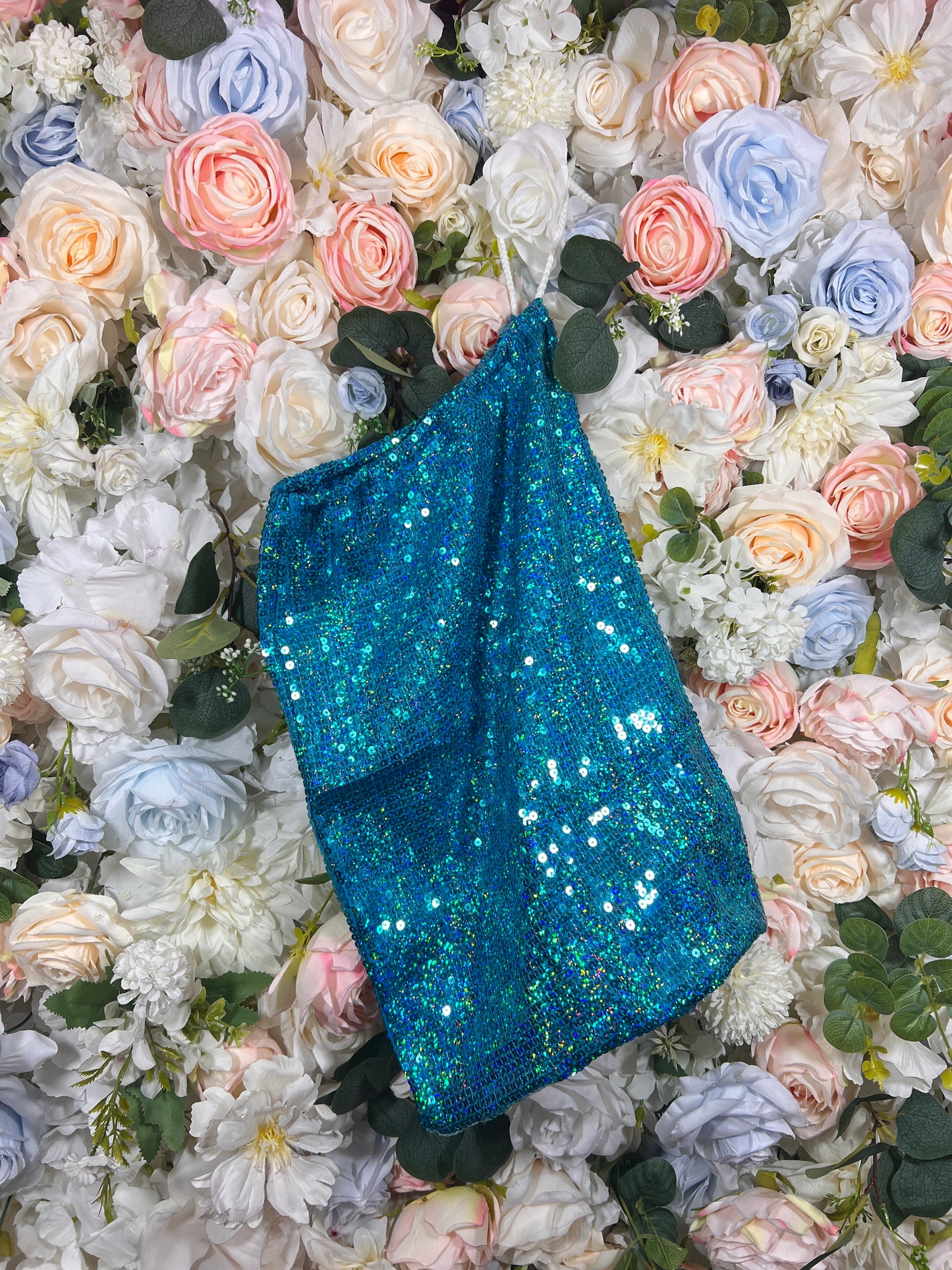 Turquoise glitter money bag pouch with short top handle