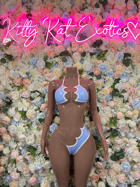 Light blue latex two-piece lingerie set with triangle bra and cheeky cutout bottoms