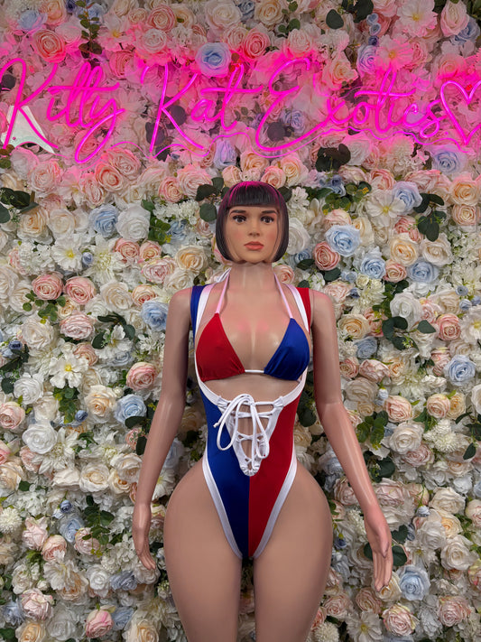 Dominican Flag Bottlegirl Bodysuit, One Piece Bartender Outfit, Parade Costume, Festival Rave Wear