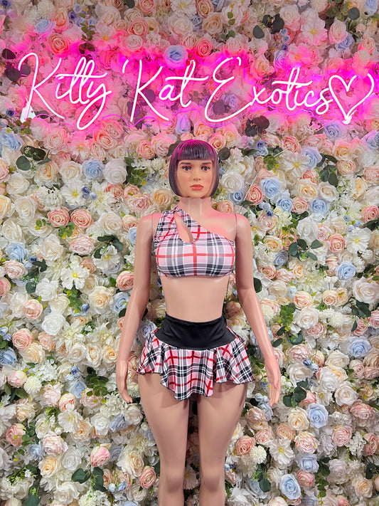 Two-piece skirt set with pink-red plaid crop top and pleated mini skirt, black waistband