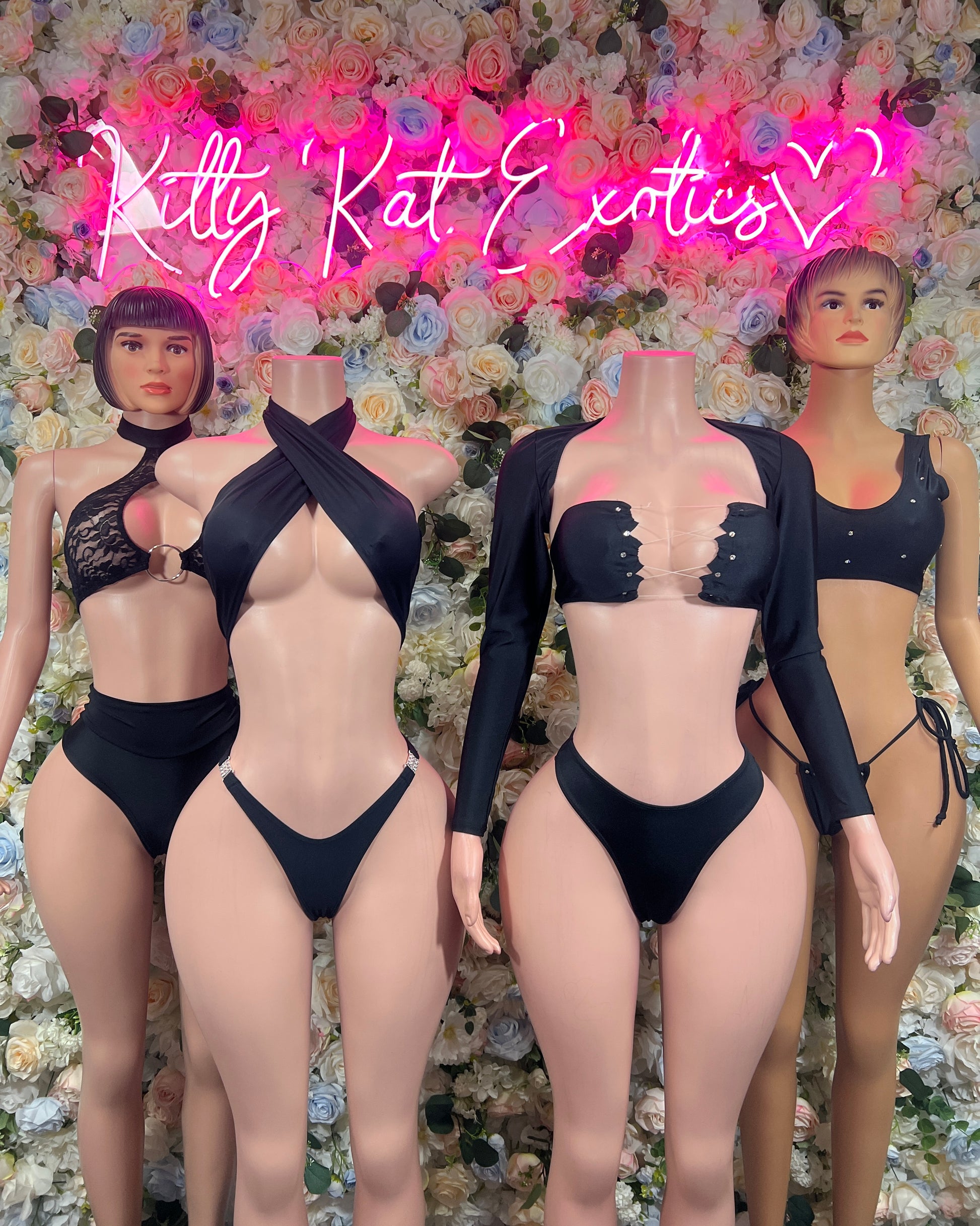 Black two-piece rave outfit with long-sleeve cover: halter bra and high-leg bottoms
