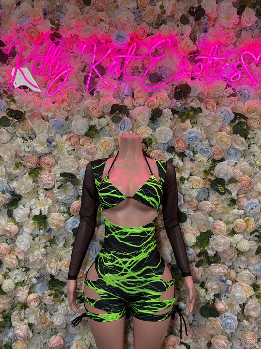 Bottlegirl One-Piece Bodysuit Green and Yellow  Lightening - Custom Design | Exotic Dancewear for Performers, Raves, & Nights Out
