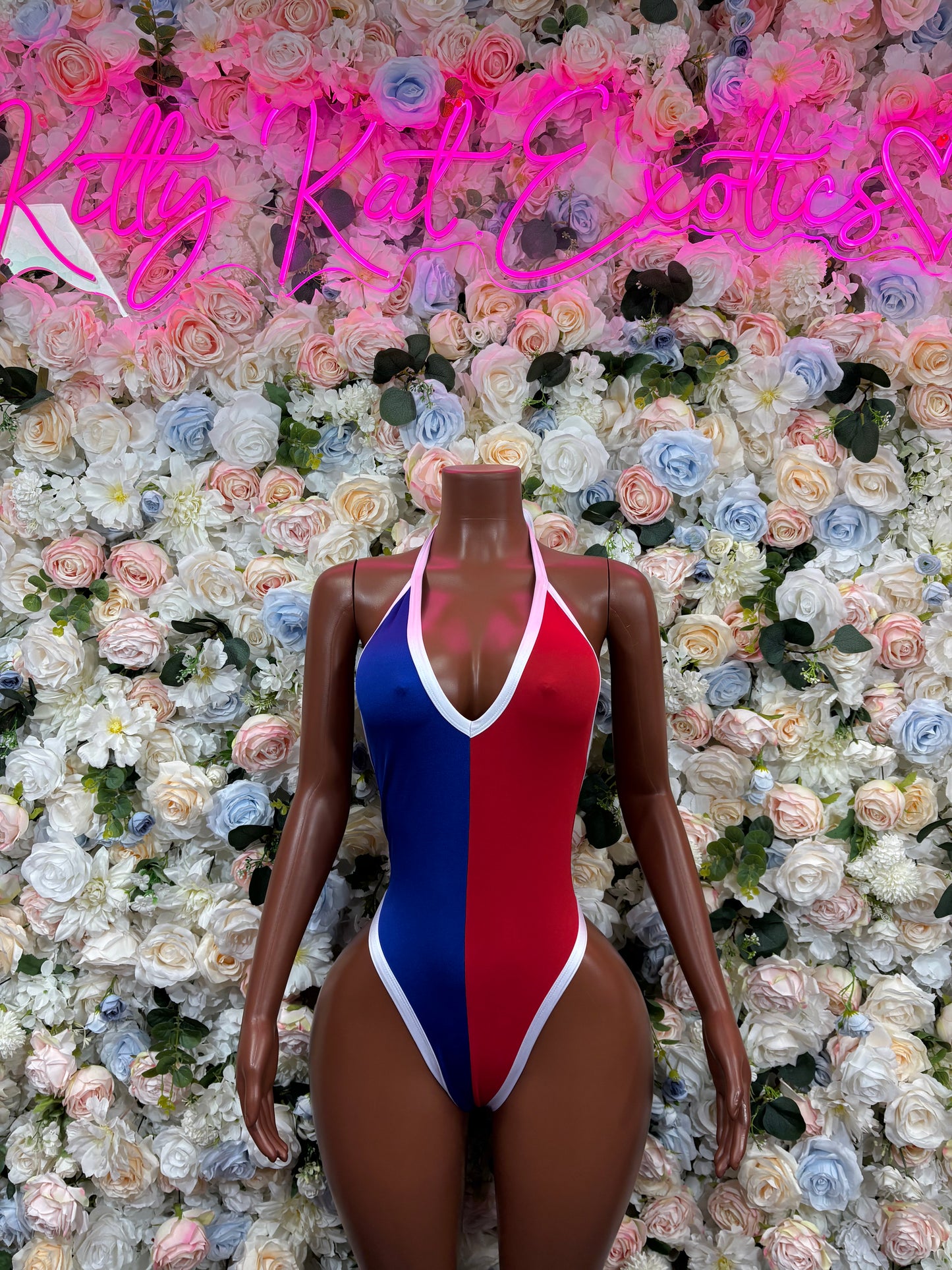 Tri-color halter bodysuit with red, blue, and white V-neck front